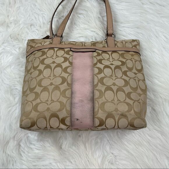 Coach Signature Logo Canvas Stripe Tote Bag - Picture 2 of 11